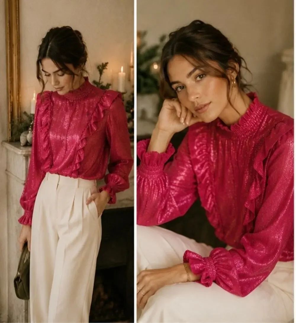 Sezane Filomene Top Metallic Fuchsia Ruffle High Neck Blouse FR38 US6